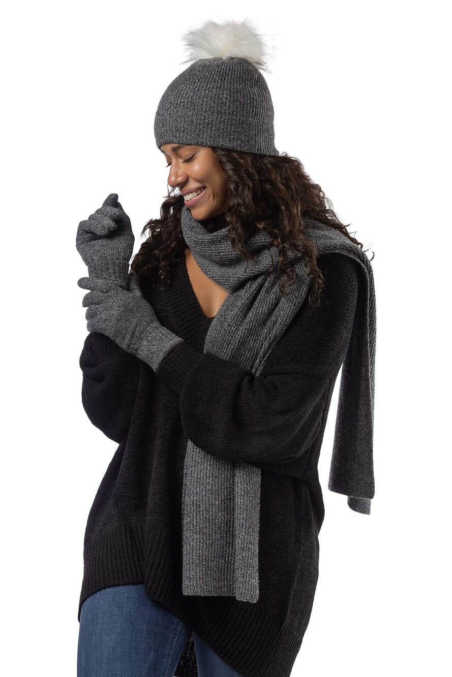 5795 3 Piece 100% Cashmere Pom Beanie Hat Glove & Scarf Set | Gift Box